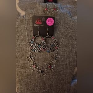 Paparazzi Silver Floral Jewelry Set with Pink and Blue Accents